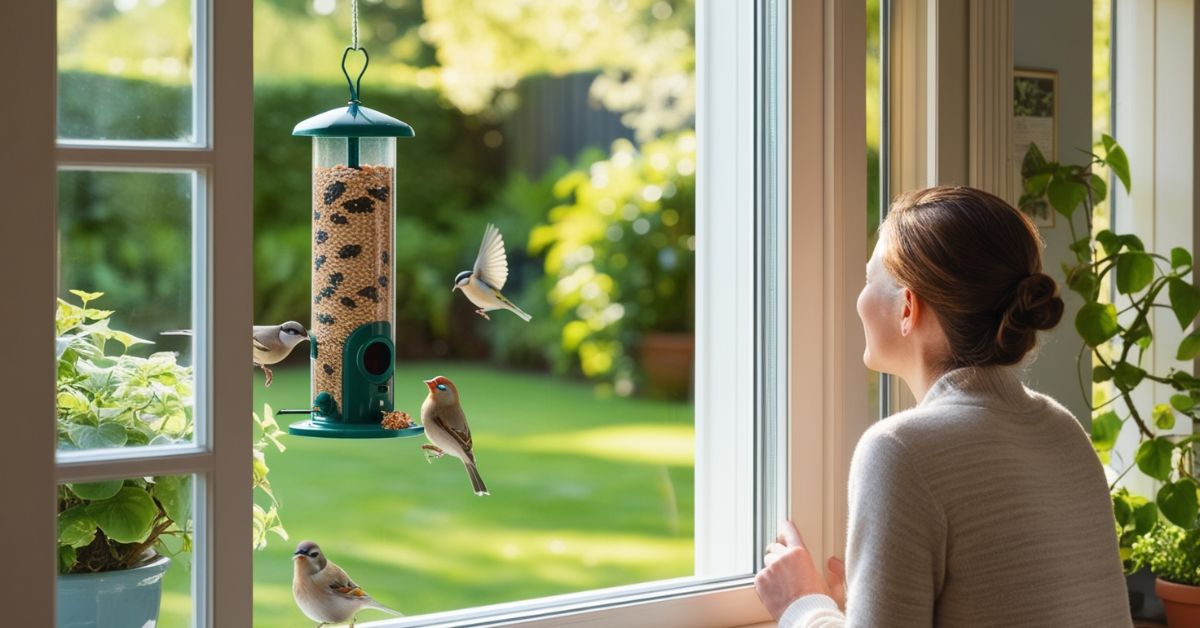 a woman looking at birds at a bird feeder