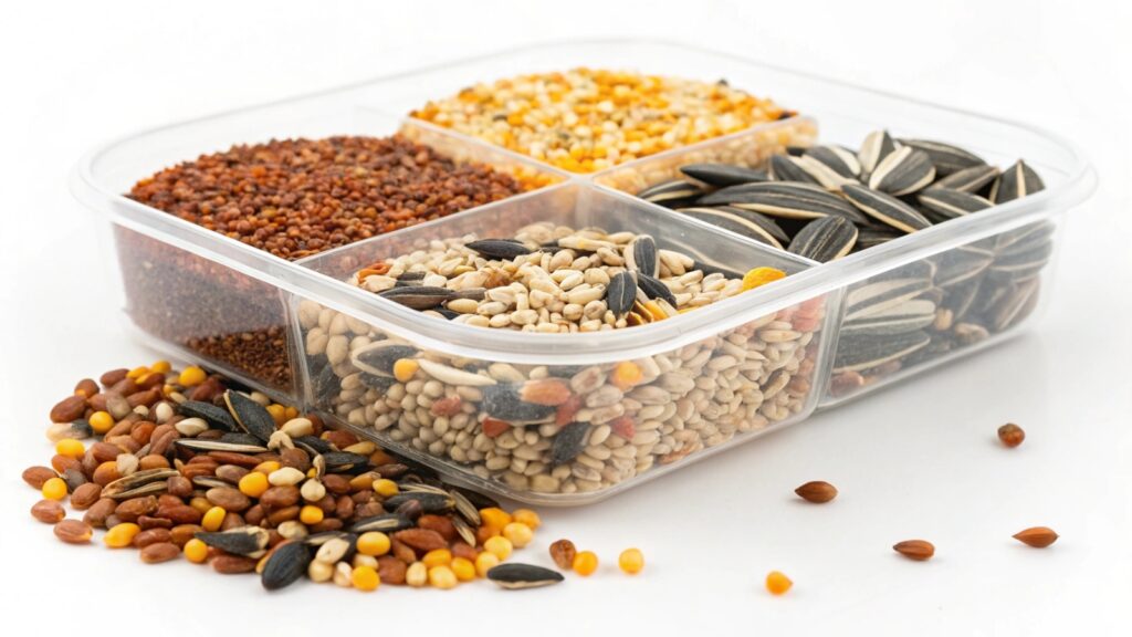 a plastic container with different types bird seeds (Fresh Bird Seed - How to Store Bird Seed)