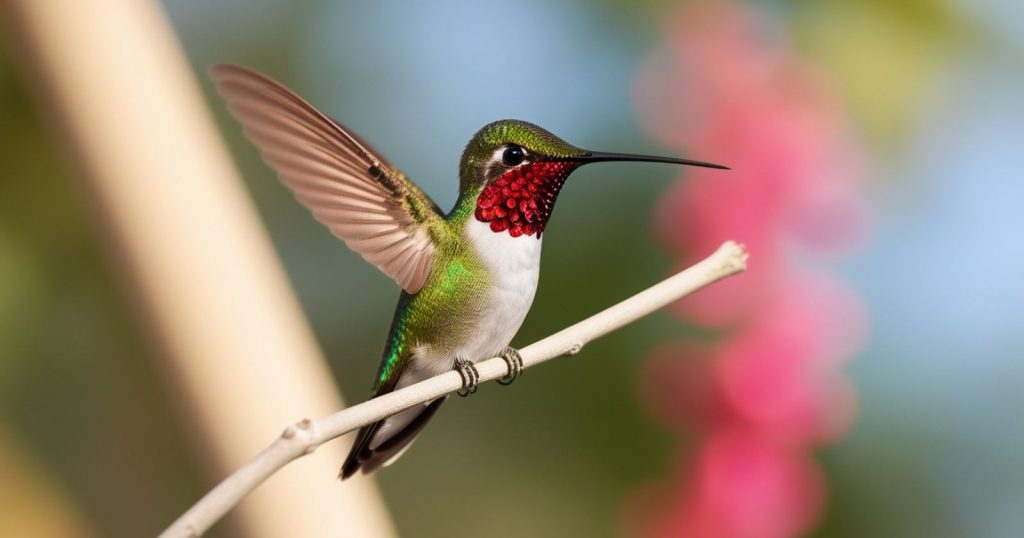 a Ruby-throated Hummingbird on a branch in Canada