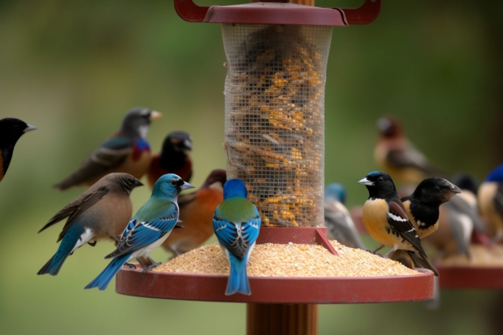 Birds by Feeder and Wasp