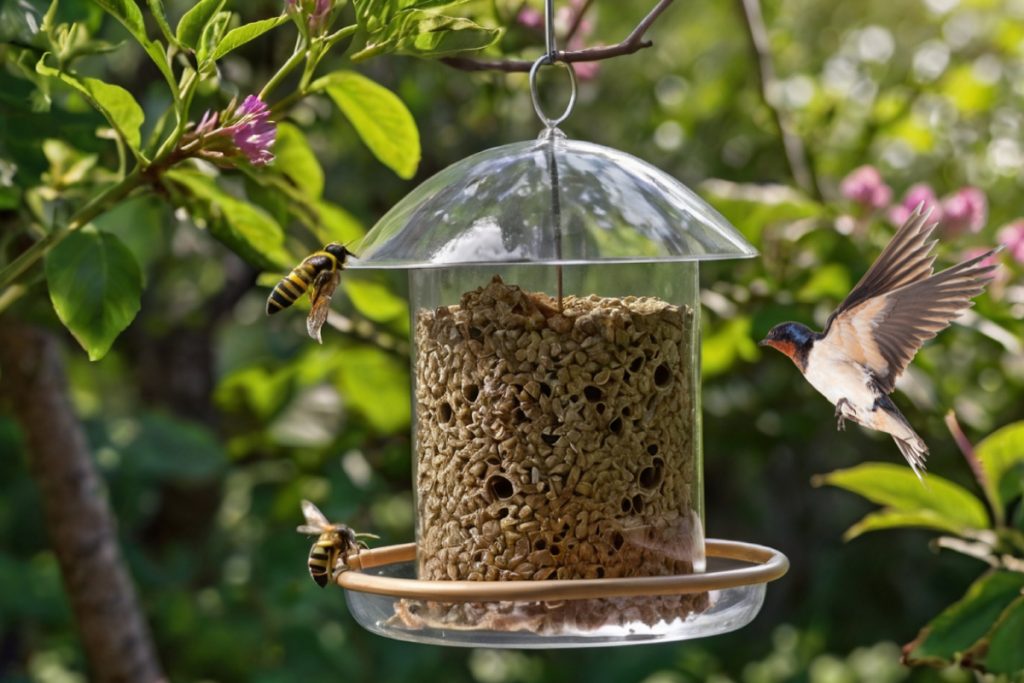 a bird feeder with a couple of wasp flying around