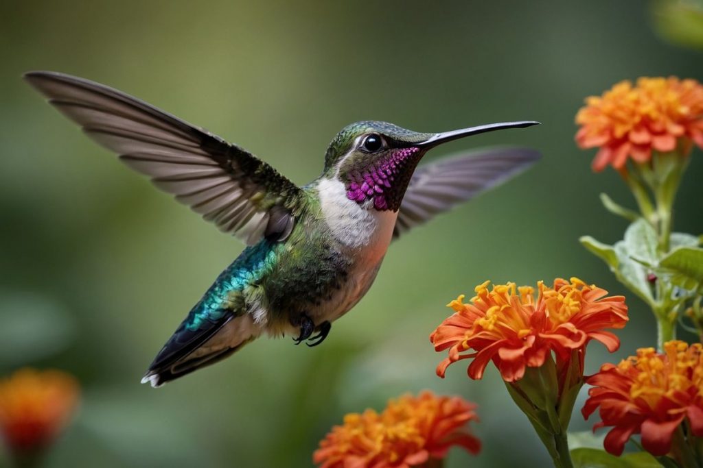 A hummingbird hovers mid-flight near vibrant orange flowers, its iridescent green and purple feathers shimmering. With wings outstretched, the bird's distinctive purple throat and long curved beak are visible as it prepares to feed on the nectar from the blooms.