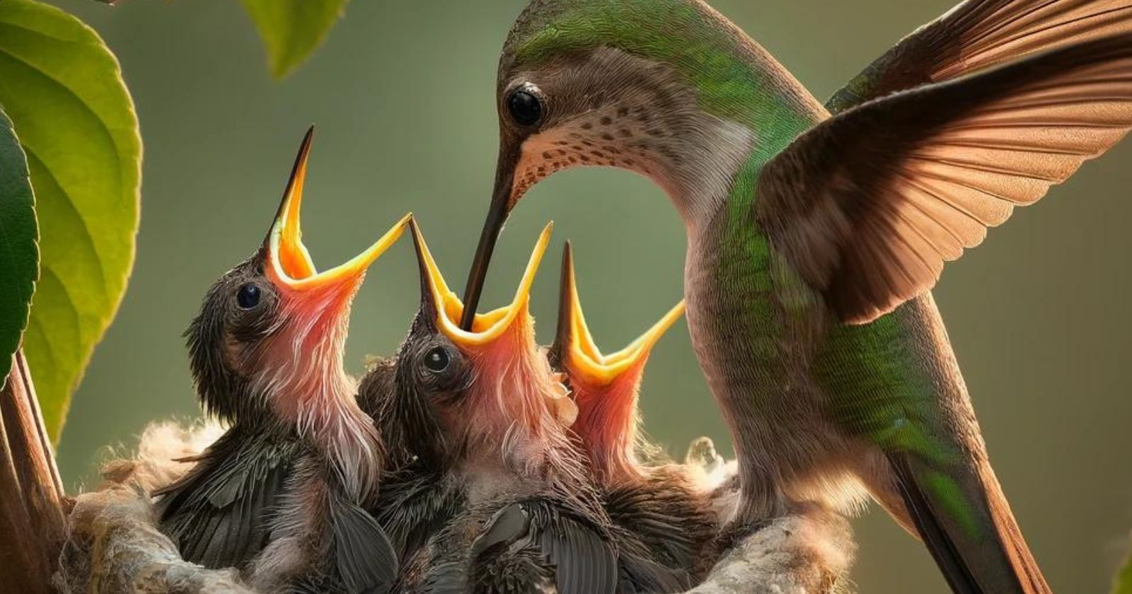 An adult hummingbird feeding its chicks in a nest by regurgitating food into their open mouths. The chicks are eagerly receiving nourishment, illustrating the feeding behavior and diet of baby hummingbirds. The scene is set against a backdrop of green foliage.