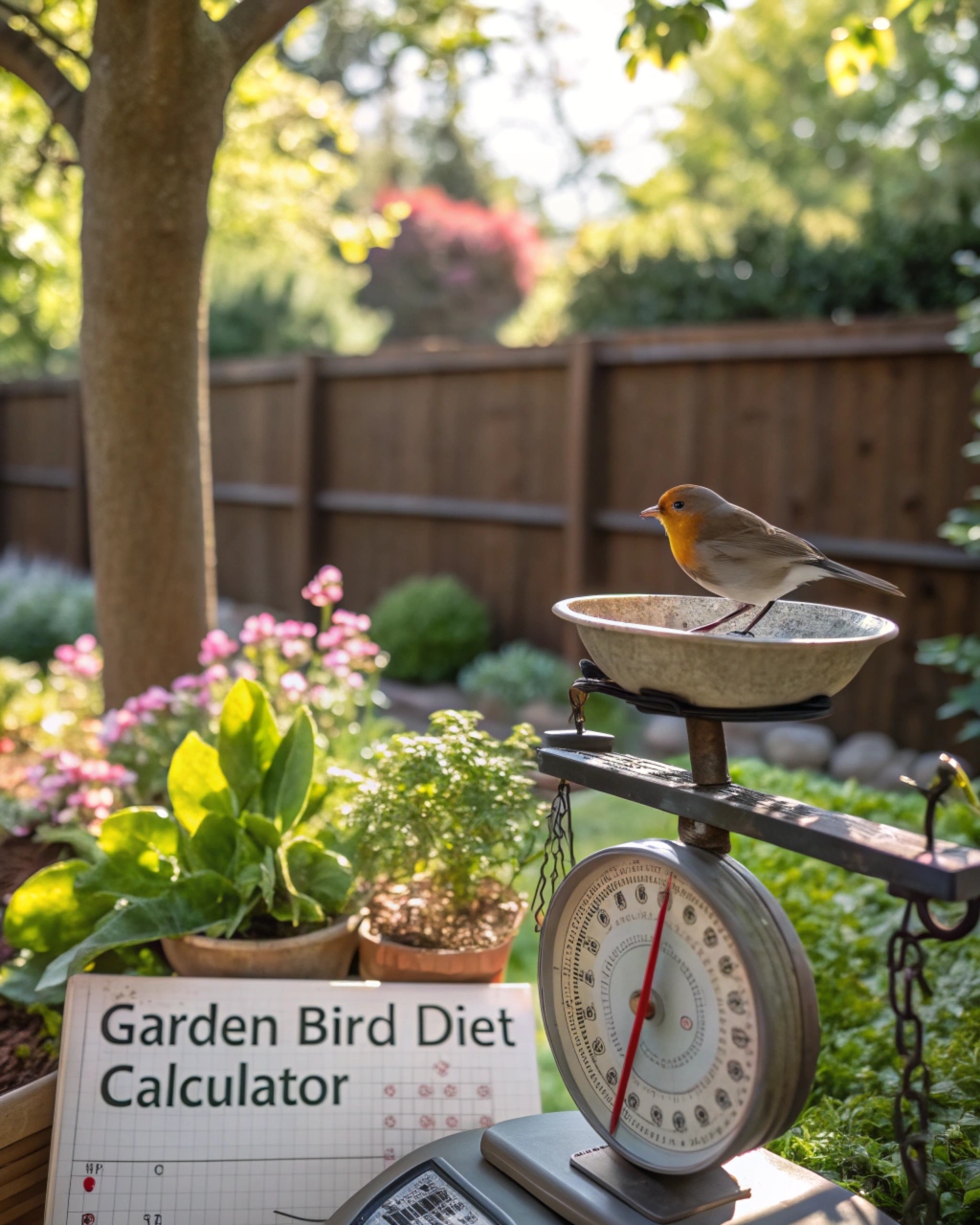 Garden Bird Diet Calculator. A bird on a scale