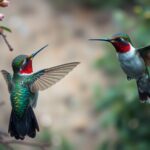 a couple of hummingbirds flying next to each other