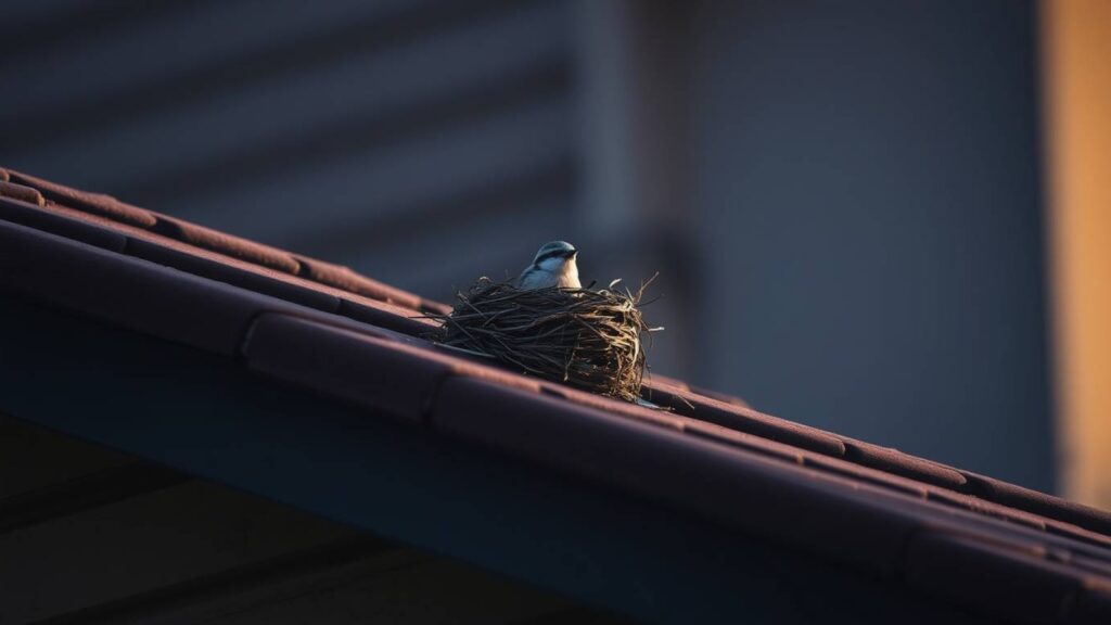 a bird in a nest on a roof