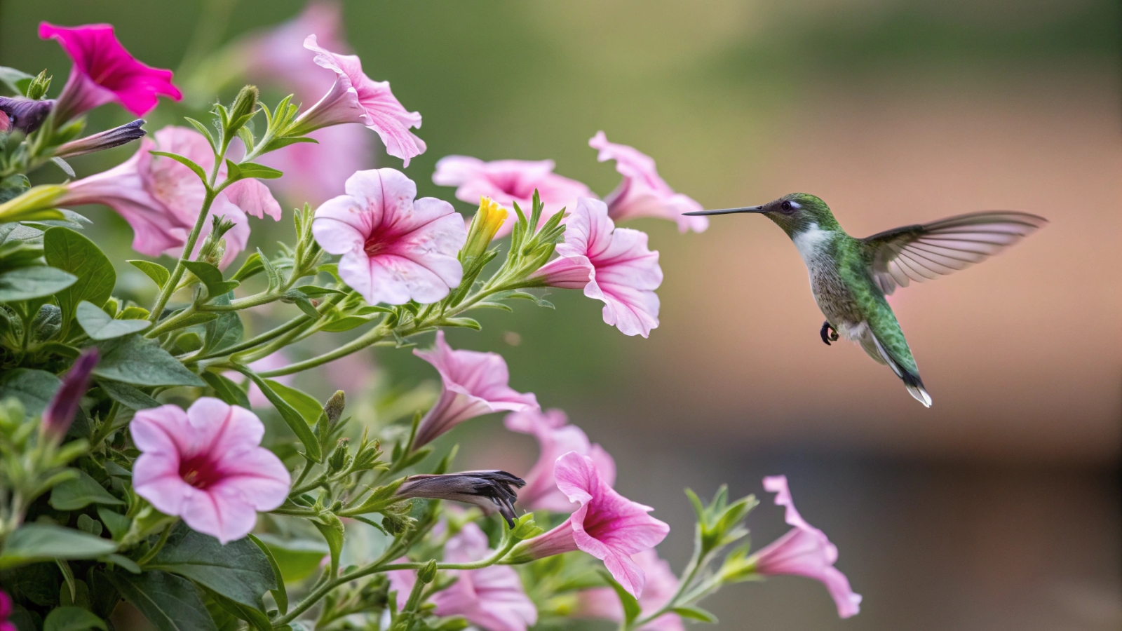 a hummingbird flying next to Petunias flowers