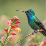 a hummingbird perched on a branch with flowers