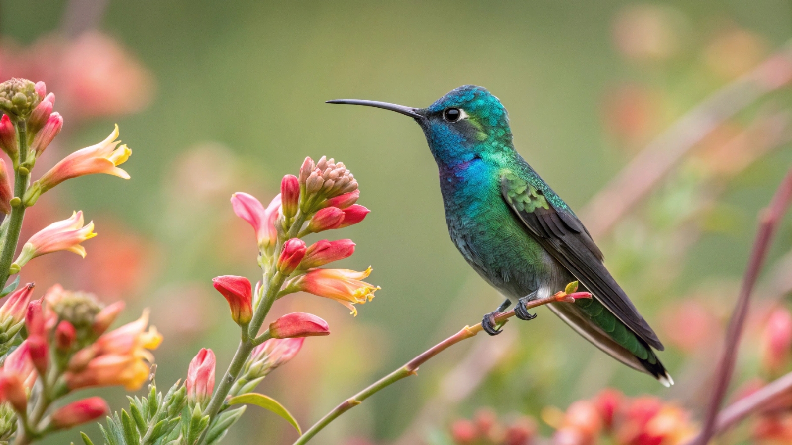 a hummingbird perched on a branch with flowers