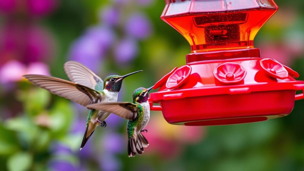 a couple of hummingbirds feeding from a feeder - Do Hummingbirds Mate for Life