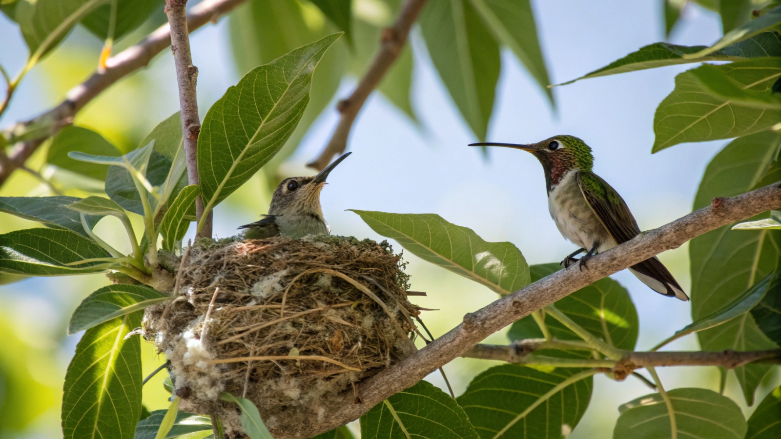 a Hummingbird in a nest next to another Hummingbird