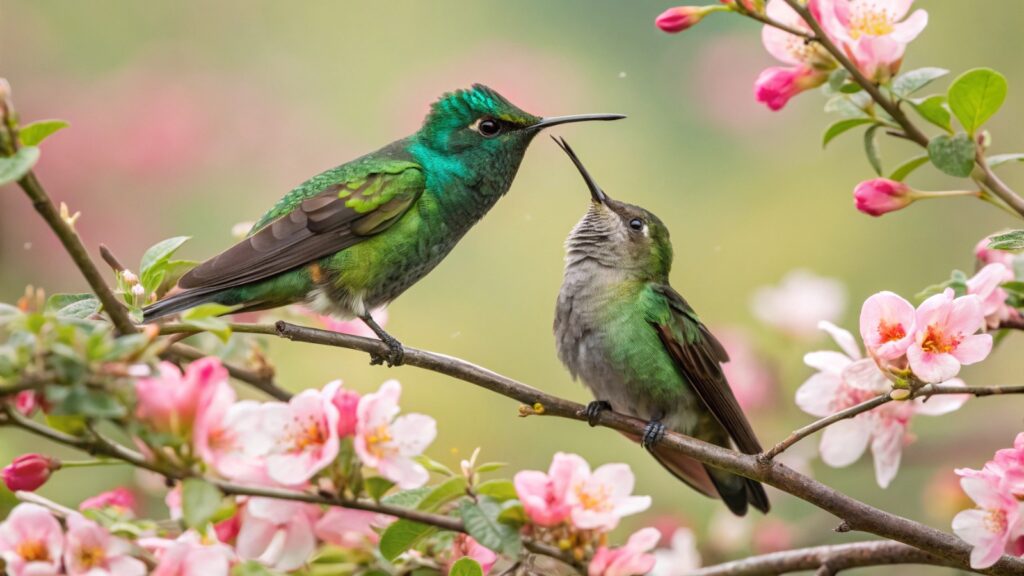 two Hummingbirds on a branch with flowers