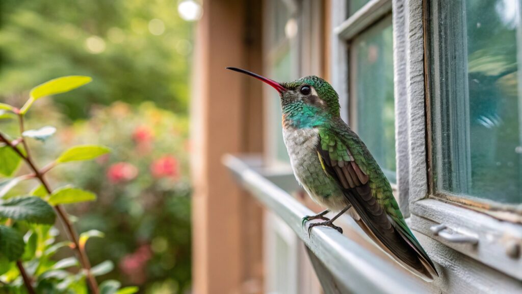 A Broad-billed hummingbird sitting on a railing