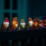 a group of colourful Hummingbirds sitting on a fence