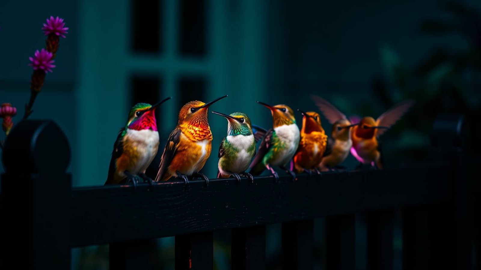 a group of colourful Hummingbirds sitting on a fence