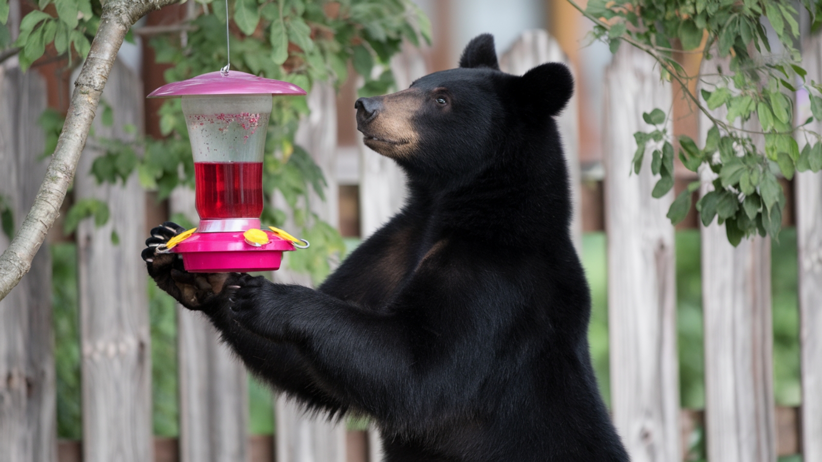 a black bear holding a Hummingbird feeder