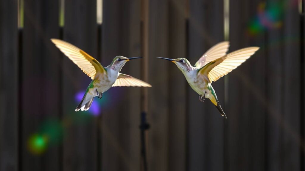 two hummingbirds flying in the air