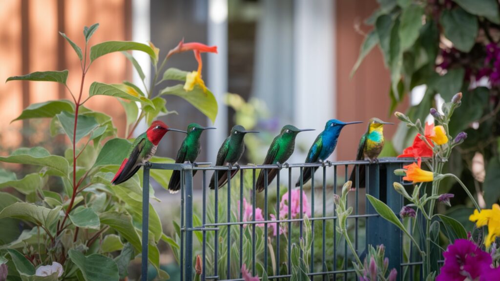 a group of colourful Hummingbird Species sitting on a fence