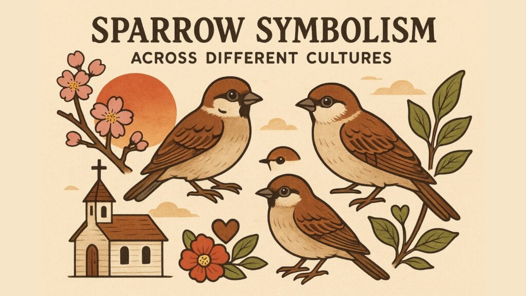 Illustration showing sparrow symbolism across different cultures
