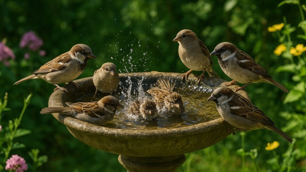 House sparrows bathing and gathering around a garden bird bath. Several sparrows perch on the rim of a stone bath while others splash in the water, demonstrating their social nature and importance of water sources in attracting sparrows to gardens. The scene is set against lush green foliage with colorful flowers in the background.