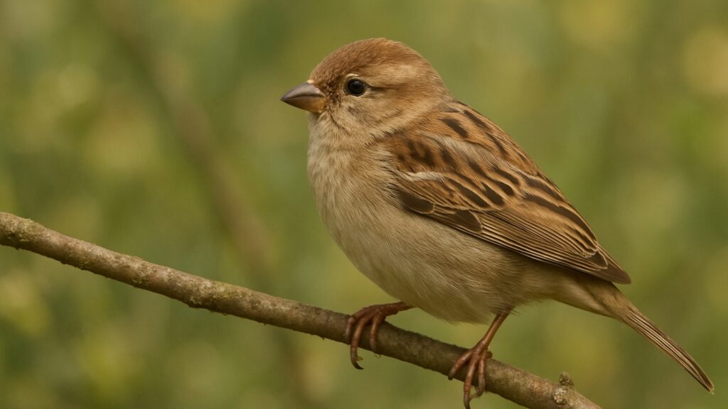 A small brown sparrow perched on a branch in natural surroundings (Symbolism of Sparrows)