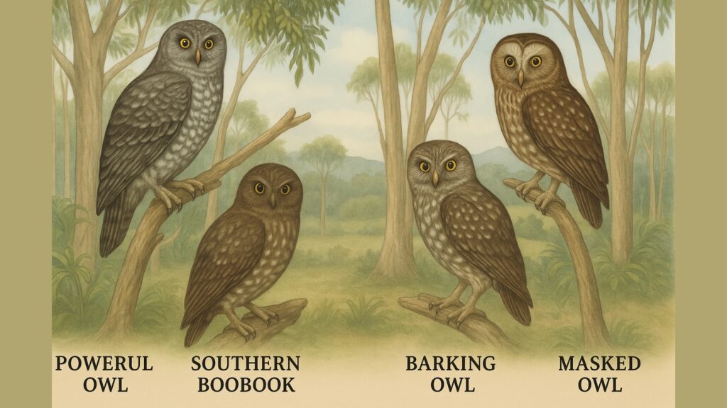 Four Australian owl species in eucalyptus forest setting