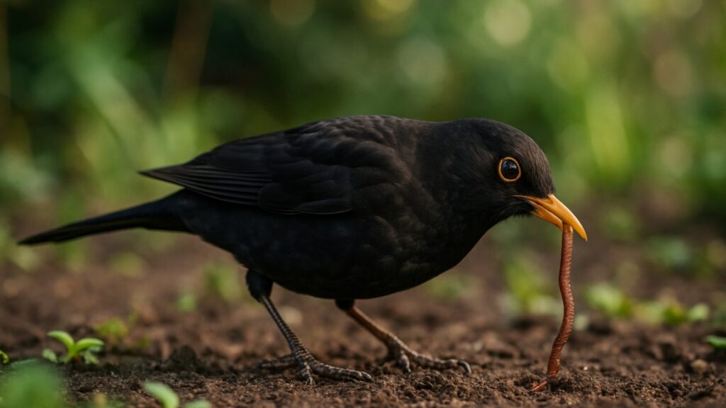 Blackbird extracting earthworm from garden soil