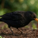 Blackbird extracting earthworm from garden soil