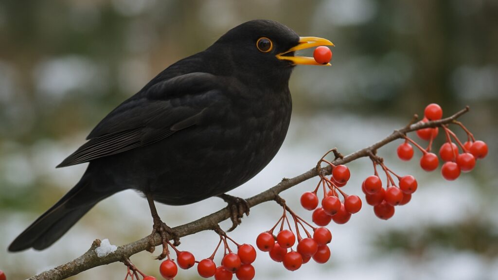 Blackbird eating red berries in snowy winter scene