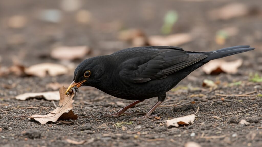 Common blackbird foraging for insects and worms in leaf litter
