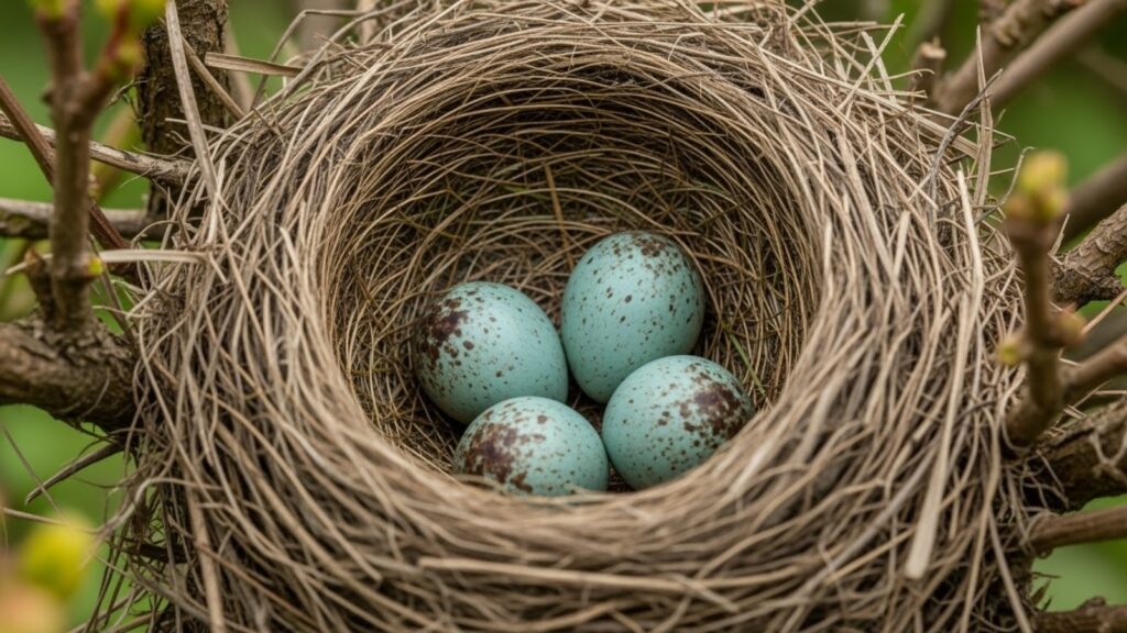 Common blackbird nest with four speckled blue-green eggs