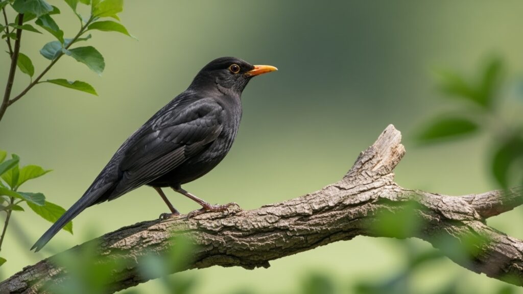 Male Common blackbird with yellow-orange bill perched on branch