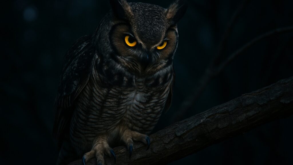 Great Horned Owl perched on branch hunting at night