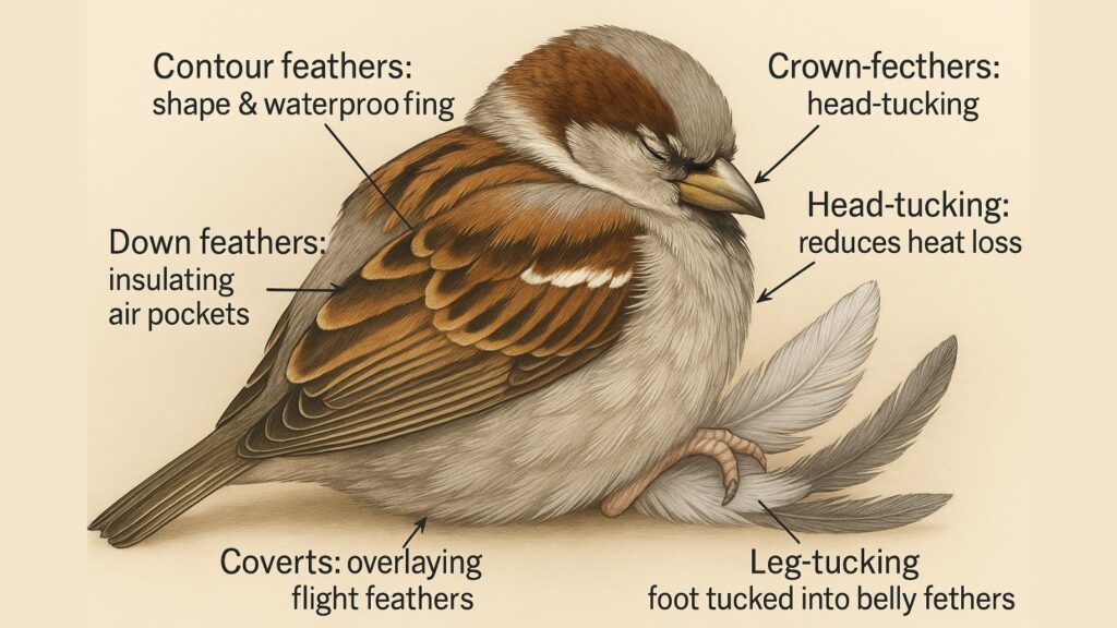 House sparrow showing sleep adaptations for thermoregulation