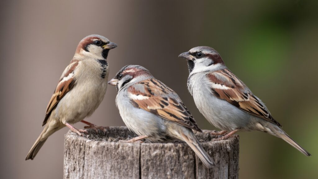 House sparrows roosting together at night in dense vegetation
