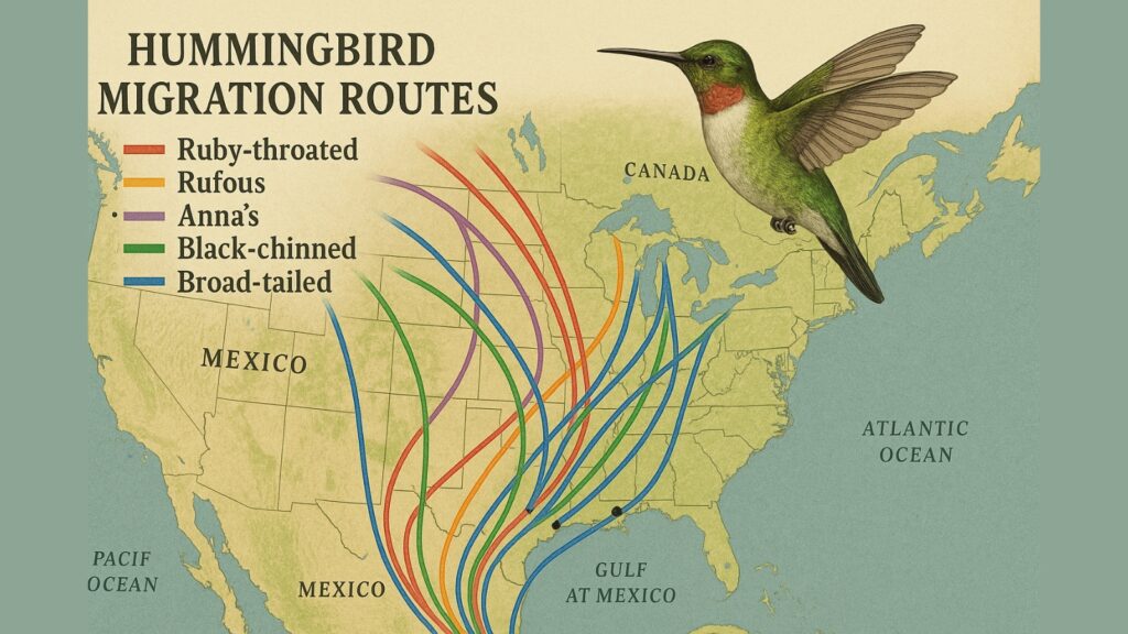 Map showing Ruby-throated and Rufous hummingbird migration routes