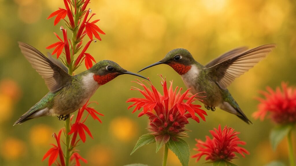 Hummingbirds in hyperphagia feeding on cardinal flowers before migration