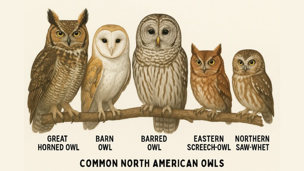 Five common North American owl species side by side with size comparison