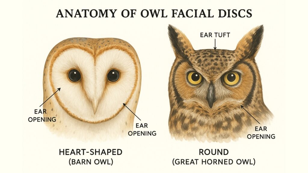 Anatomy of owl facial discs showing barn owl and great horned owl differences
