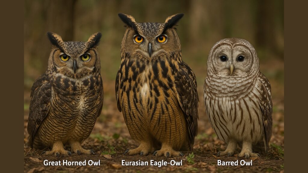 Great Horned Owl, Eurasian Eagle-Owl and Barred Owl comparison