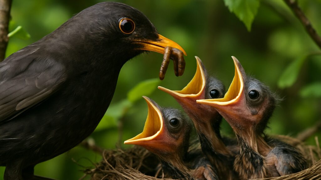 Parent blackbird feeding worms to hungry nestlings in nest