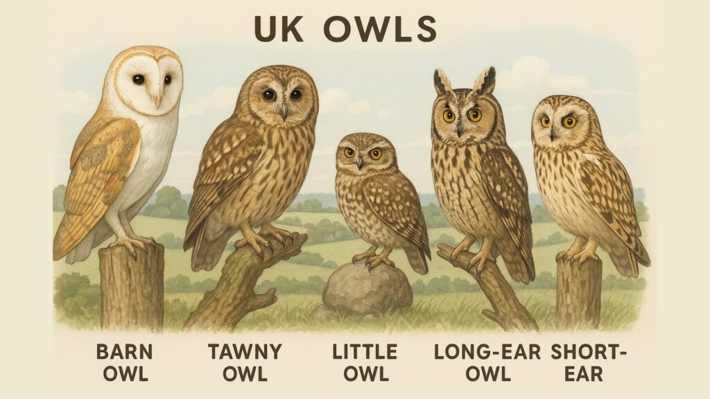 Five UK resident owl species shown in British countryside habitat