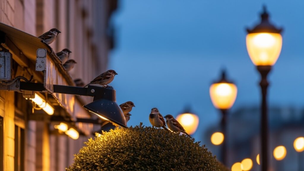 Urban house sparrows preparing for nighttime roosting at dusk
