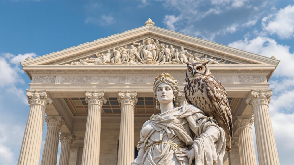 Statue of Athena with owl representing ancient Greek wisdom symbolism