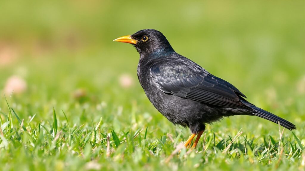 Common blackbird with orange beak displaying typical adult plumage