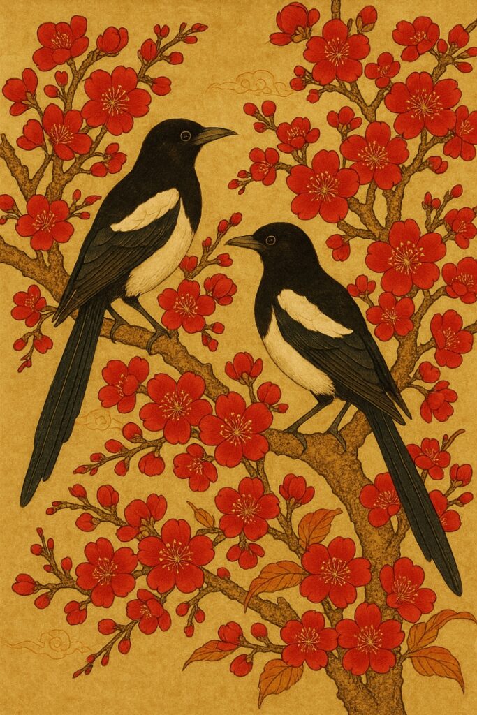 Traditional Chinese art showing magpies as symbols of good luck and prosperity