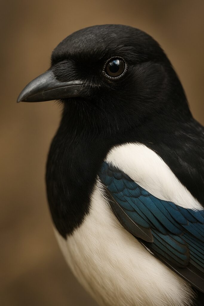 Close-up portrait of intelligent magpie showing cognitive abilities and detailed plumage
