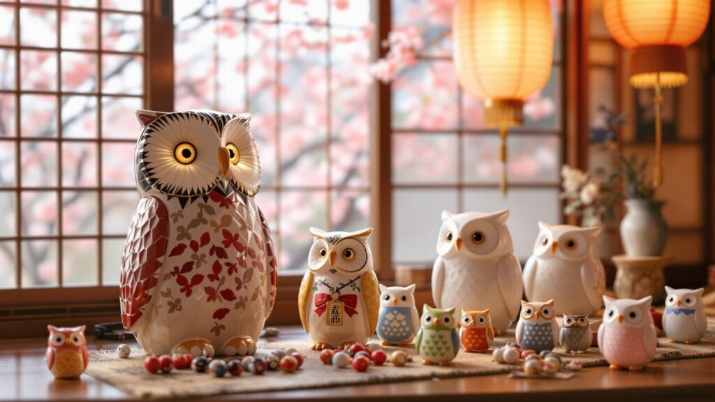 Japanese Fukuro owl figurines symbolizing good luck and protection