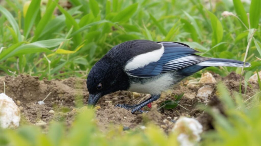 Magpie foraging for insects in grassland - What Do Magpies Eat