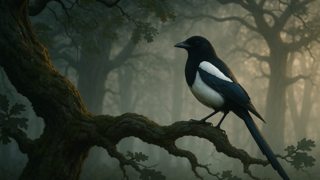 Majestic black and white magpie perched on ancient oak branch with mystical morning mist